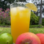 Photo shows a margarita beverage surrounded by ripe mangoes outside in a natural setting with flowers.
