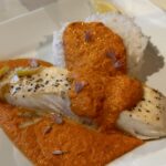 Photo shows the finished Halibut with Roasted Paprika Sauce