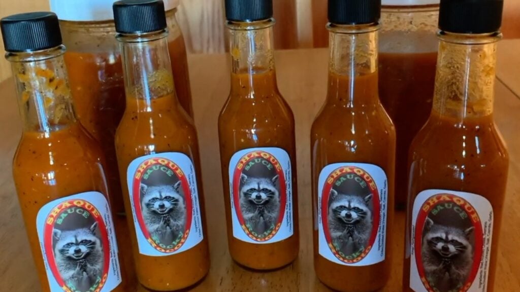 Photo shows hot sauce bottles